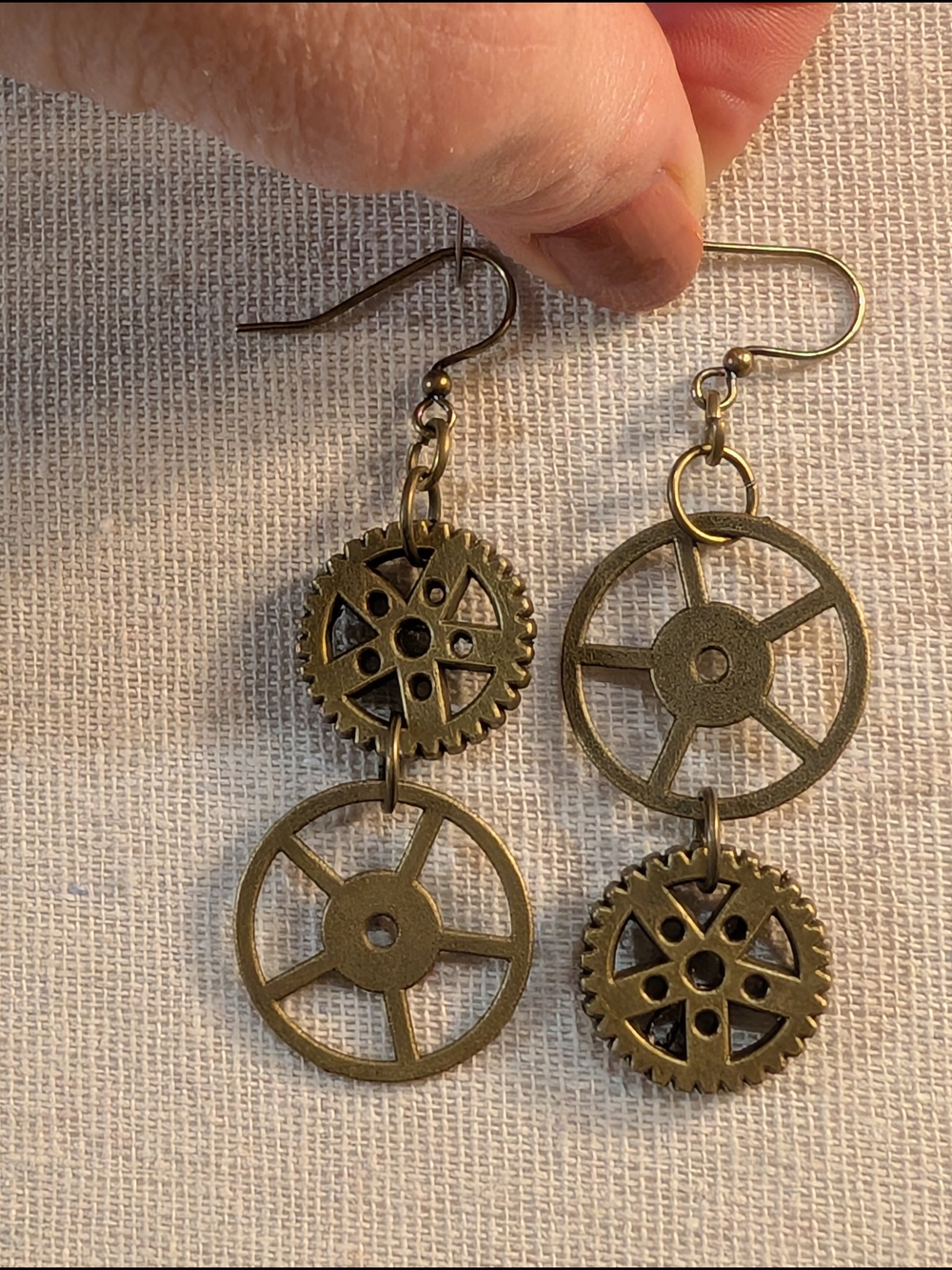 Steampunk Gear Dangle Earrings in Antique Brass Tone